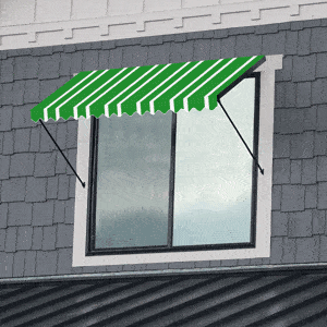 animated gif image showing a bahama style window awning with four different covering materials for shade
