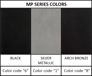 MP Series barn door hardware color samples: black, silver, arch bronze