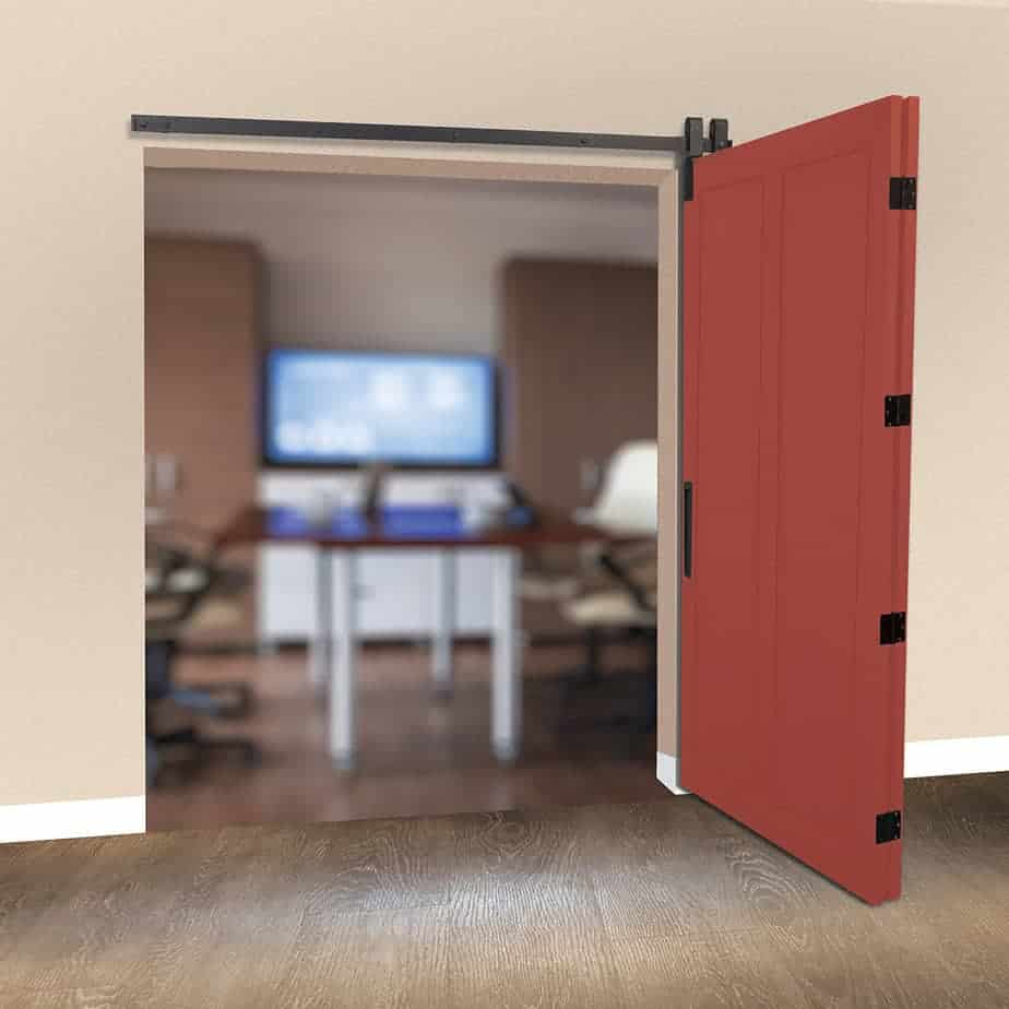 Goldberg Brothers Barnfold HD 2-panel folding barn door hardware on red doors, folded open at the entrance of a room